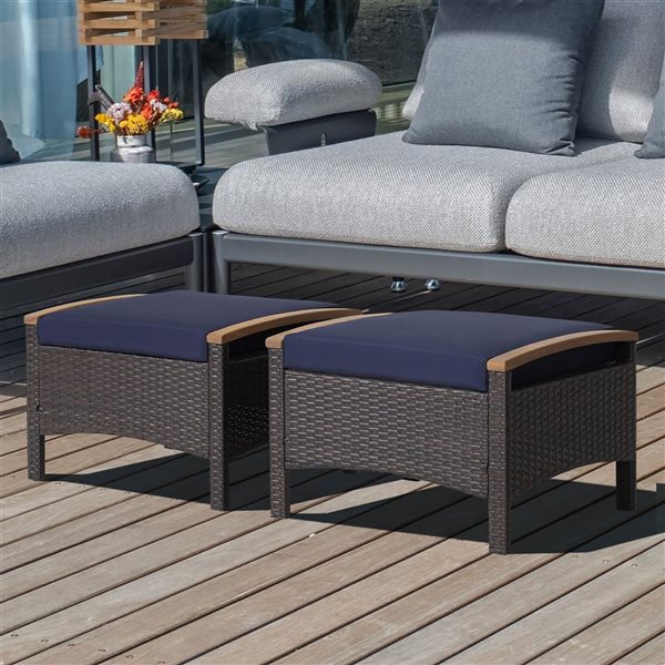 Costway 2-Pc Mix Brown PE Wicker Ottomans w/ Navy Cushions