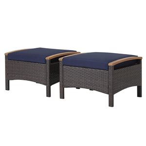 Costway 2-Pc Mix Brown PE Wicker Ottomans w/ Navy Cushions