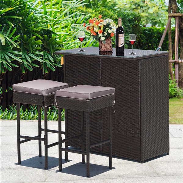 Costway 3-Pc Brown Steel Frame/PE Wicker Patio Bar Set with Grey/Off-White Cushions