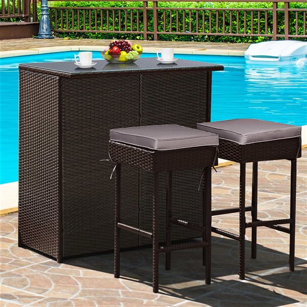 Costway 3-Pc Brown Steel Frame/PE Wicker Patio Bar Set with Grey/Off-White Cushions