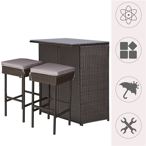 Costway 3-Pc Brown Steel Frame/PE Wicker Patio Bar Set with Grey/Off-White Cushions