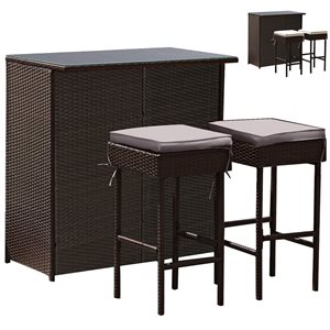 Costway 3-Pc Brown Steel Frame/PE Wicker Patio Bar Set with Grey/Off-White Cushions