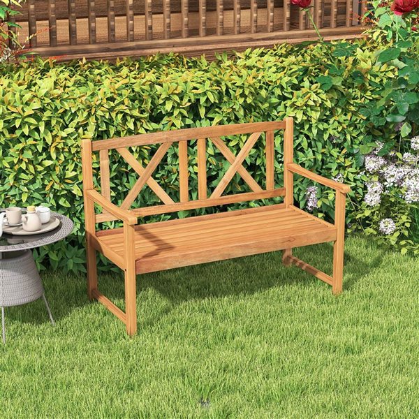 Costway 47.5 W x 22 D x 34-in H Reddish Brown Acacia Wood 2-Seater Slatted Bench w/ Crossbar Backrest