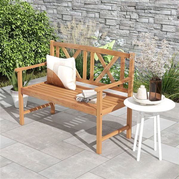 Costway 47.5 W x 22 D x 34-in H Reddish Brown Acacia Wood 2-Seater Slatted Bench w/ Crossbar Backrest