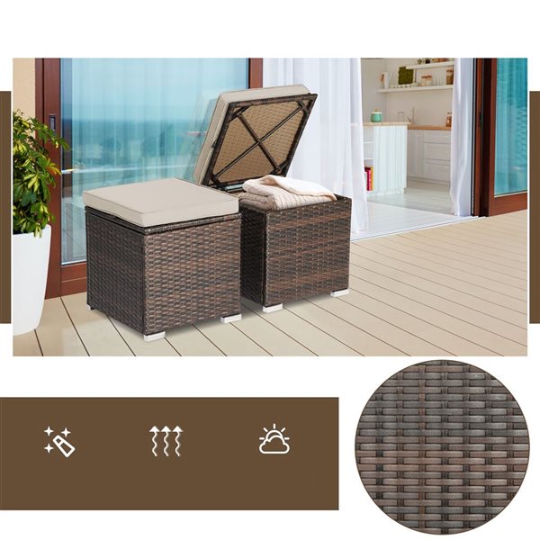 Costway 2-Pc Mix Brown PE Wicker Ottomans/Side Tables w/ Beige Cushions