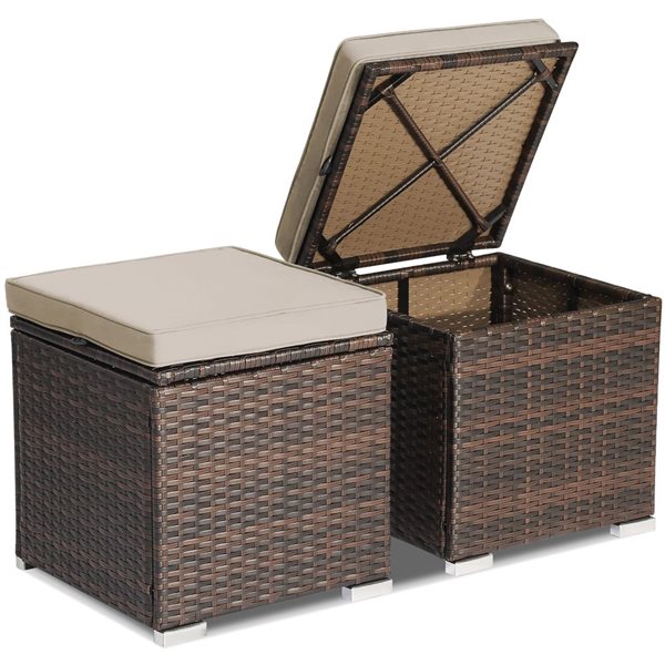 Costway 2-Pc Mix Brown PE Wicker Ottomans/Side Tables w/ Beige Cushions