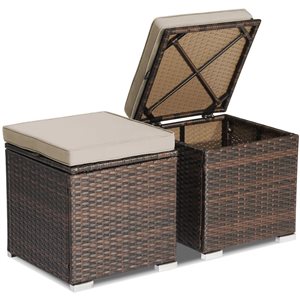 Costway 2-Pc Mix Brown PE Wicker Ottomans/Side Tables w/ Beige Cushions