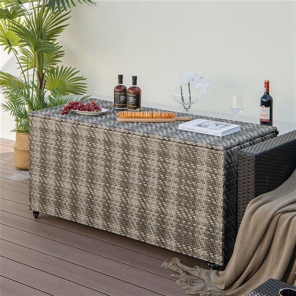 Costway 52 L x 22 W x 25-in H 96-gal. Mix Grey PE Wicker Outdoor Deck Box w/ wheels