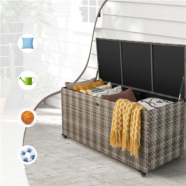 Costway 52 L x 22 W x 25-in H 96-gal. Mix Grey PE Wicker Outdoor Deck Box w/ wheels