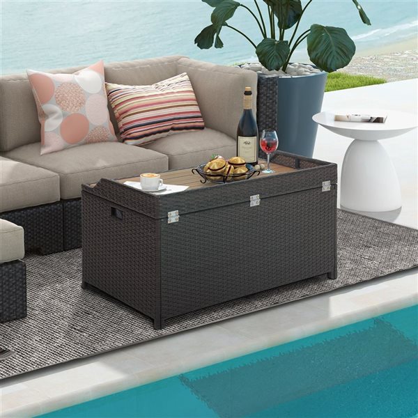 Costway 40 L x 20 W x 20-in H 45-gal. Mix Brown PE Wicker/Natural Acacia Wooden Outdoor Deck Box