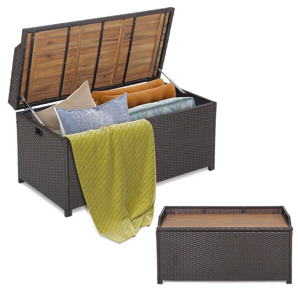 Costway 40 L x 20 W x 20-in H 45-gal. Mix Brown PE Wicker/Natural Acacia Wooden Outdoor Deck Box