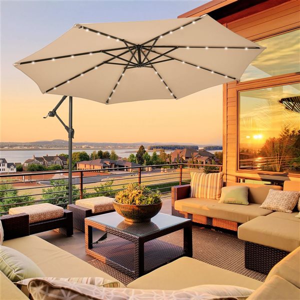 Costway 10-ft Beige Polyester/Steel Offset Patio Umbrella w/ LED Lights - Base Included