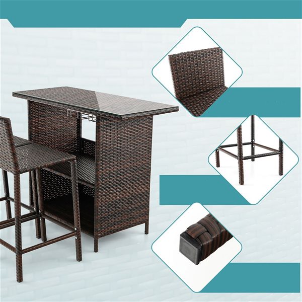 Costway 3-Pc Brown Metal/PE Wicker Patio Bar Set with Glass Top Table