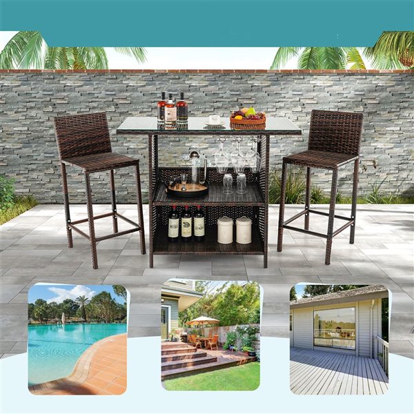 Costway 3-Pc Brown Metal/PE Wicker Patio Bar Set with Glass Top Table