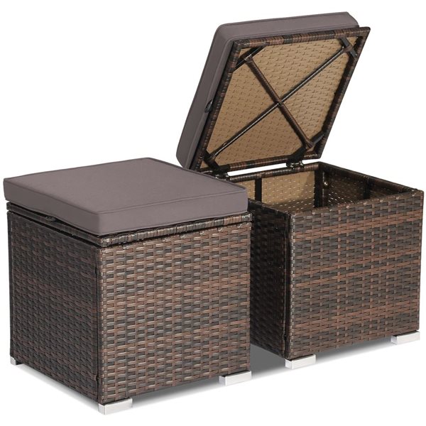 Costway 2-Pc Mix Brown PE Wicker Ottomans/Side Tables w/ Grey Cushions