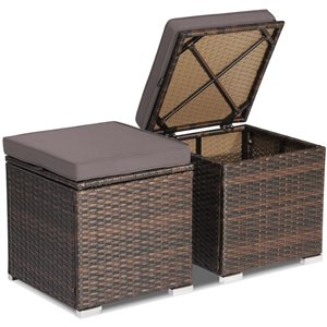 Costway 2-Pc Mix Brown PE Wicker Ottomans/Side Tables w/ Grey Cushions