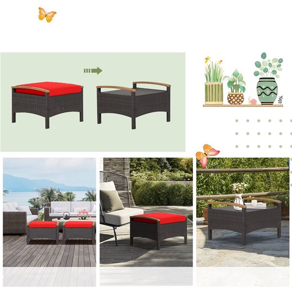 Costway 2-Pc Mix Brown PE Wicker Ottomans w/ Red Cushions