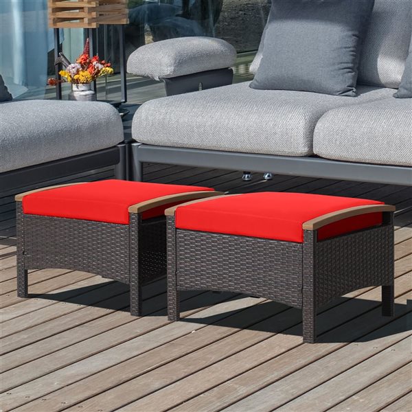 Costway 2-Pc Mix Brown PE Wicker Ottomans w/ Red Cushions