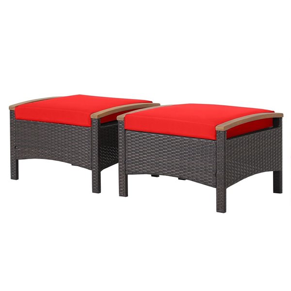 Costway 2-Pc Mix Brown PE Wicker Ottomans w/ Red Cushions