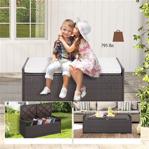 Costway 19 L x 40 W x 17-in H 34-gal. Mix Brown PE Wicker Outdoor Deck Box w/ Off-White Cushion