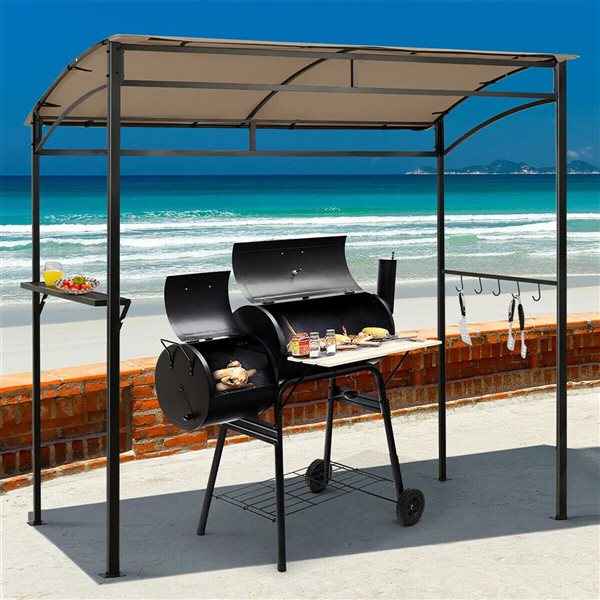 Costway 7 W x 4.5-ft D Brown Steel Frame/Beige Polyester Arch Canopy BBQ Gazebo w/ Shelf and Hooks