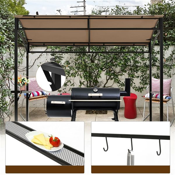 Costway 7 W x 4.5-ft D Brown Steel Frame/Beige Polyester Arch Canopy BBQ Gazebo w/ Shelf and Hooks