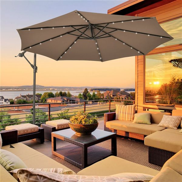 Costway 10-ft Coffee Polyester/Steel Offset Patio Umbrella w/ LED Lights - Base Included