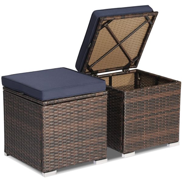 Costway 2-Pc Mix Brown PE Wicker Ottomans/Side Tables w/ Navy Cushions