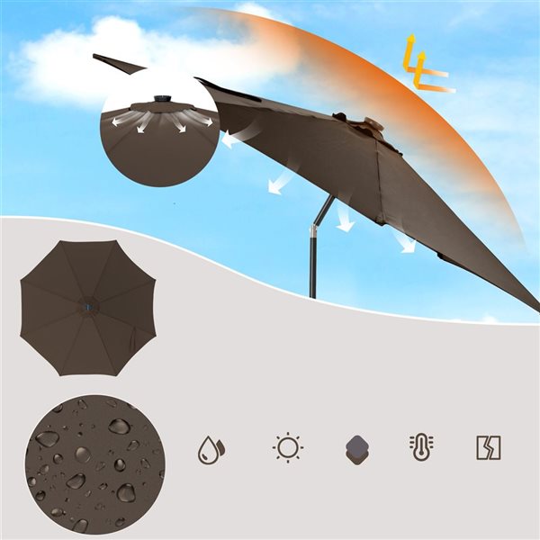 Costway 10-ft Coffee Polyester/Steel Tiltable Patio Umbrella w/ Solar LED Lights