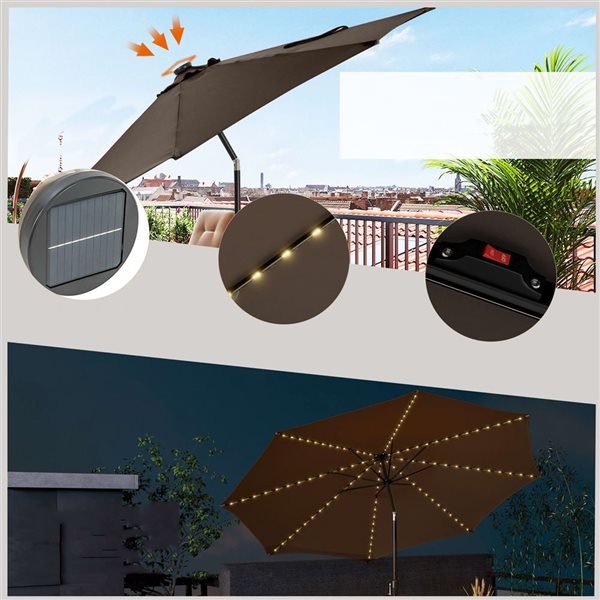 Costway 10-ft Coffee Polyester/Steel Tiltable Patio Umbrella w/ Solar LED Lights