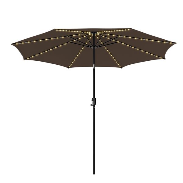 Costway 10-ft Coffee Polyester/Steel Tiltable Patio Umbrella w/ Solar LED Lights