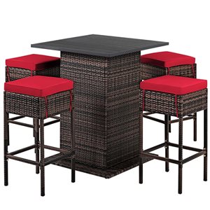 Costway 5-Pc Red/Brown Steel Frame/Rattan Patio Bar Set