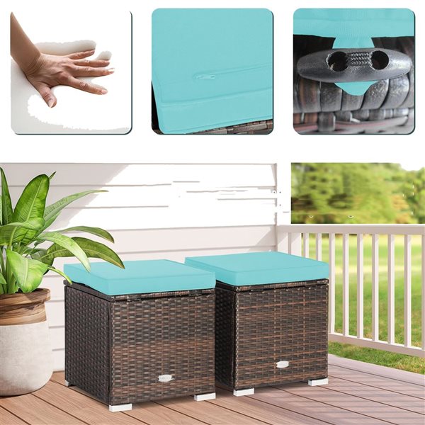 Costway 2-Pc Mix Brown PE Wicker Ottomans/Side Tables w/ Turquoise Cushions