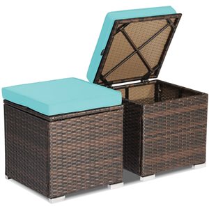 Costway 2-Pc Mix Brown PE Wicker Ottomans/Side Tables w/ Turquoise Cushions