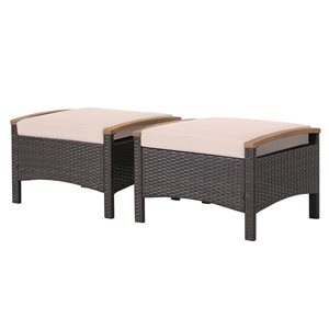 Costway 2-Pc Mix Brown PE Wicker Ottomans w/ Beige Cushions