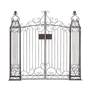 Dark Brown Metal Indoor Outdoor Scrollwork Arched Gate Garden Arbor with Pillars and Latch Lock Closure - 64 x 9 x 60-in