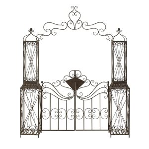 Black Metal  Indoor Outdoor Scrollwork Arched Gate Garden Arbor with Pillars and Latch Lock Closure - 78 x 14 x 94-in