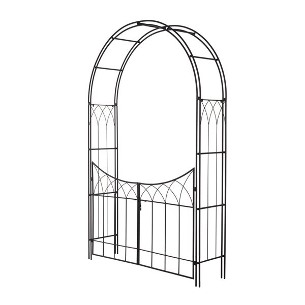 Black Metal Indoor Outdoor Arched Gate Garden Arbor with Lattice Work Sides - 55 x 14 x 86-in