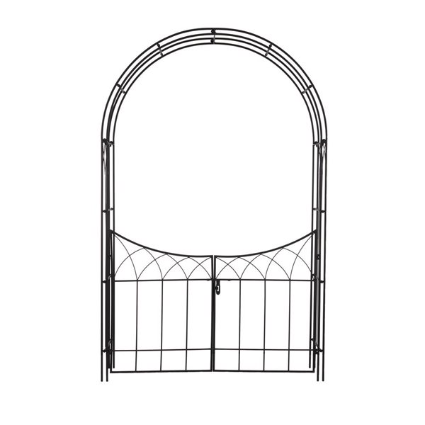 Black Metal Indoor Outdoor Arched Gate Garden Arbor with Lattice Work Sides - 55 x 14 x 86-in