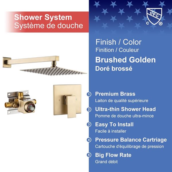 Rainlex 10-in Brushed Gold Showerhead Single-Handle 1-Spray Square High Pressure Shower Faucet