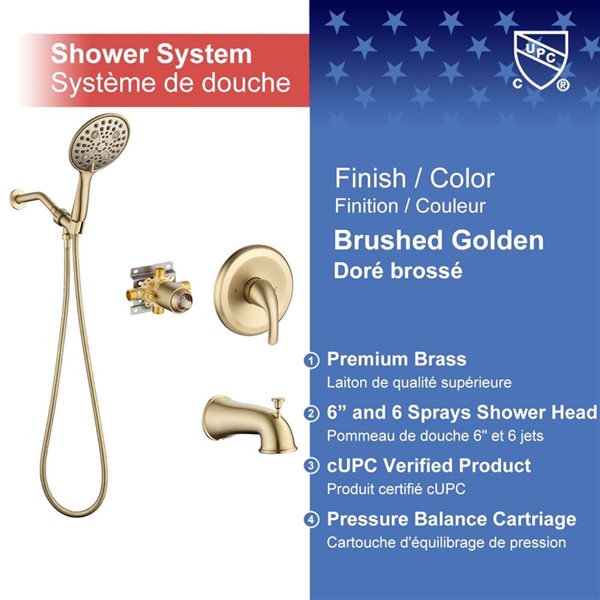 Rainlex 6-in Brushed Gold Simple Single-Handle 6-Spray Shower Faucet with Tub