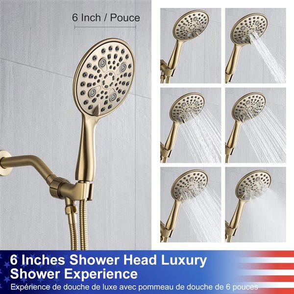 Rainlex 6-in Brushed Gold Simple Single-Handle 6-Spray Shower Faucet with Tub