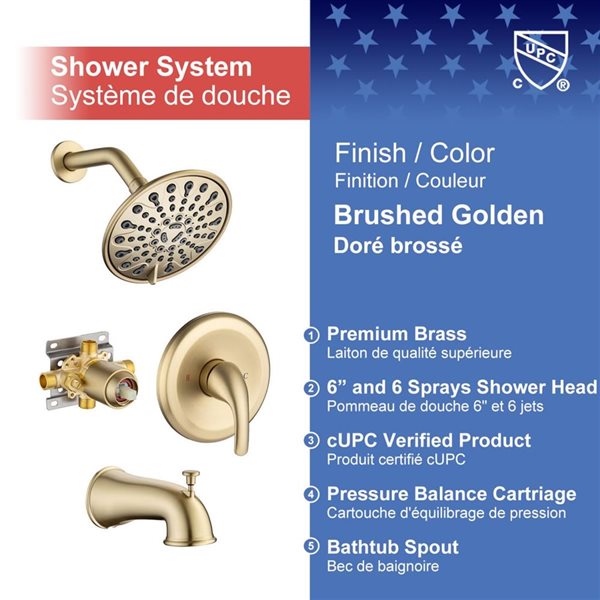 Rainlex 6-in Brushed Gold Simple Single-Handle 6-Spray Bathtub Shower Faucet