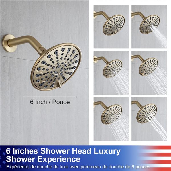 Rainlex 6-in Brushed Gold Simple Single-Handle 6-Spray Bathtub Shower Faucet