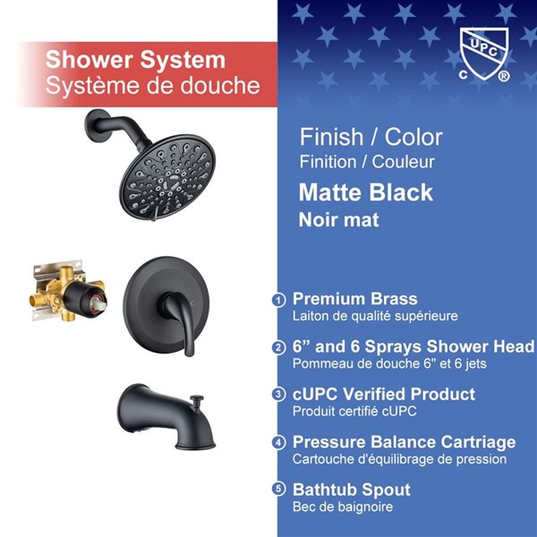 Rainlex 6-in Matte Black Simple Single-Handle 6-Spray Bathtub Shower Faucet