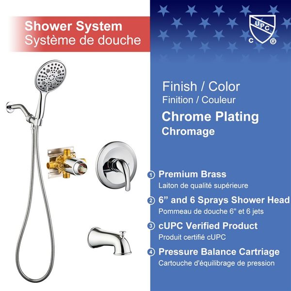 Rainlex 6-in Chrome Simple Single-Handle 6-Spray Shower Faucet with Tub