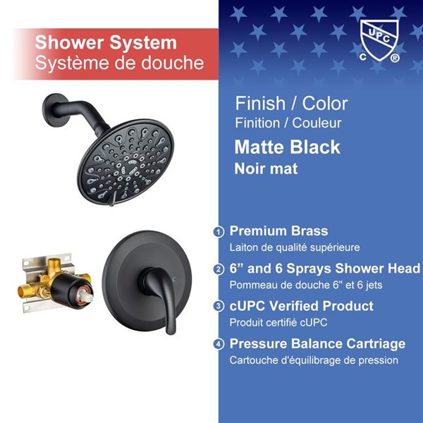 Rainlex 6-in Matte Black Single-Handle 6-Spray Shower Faucet with Handheld