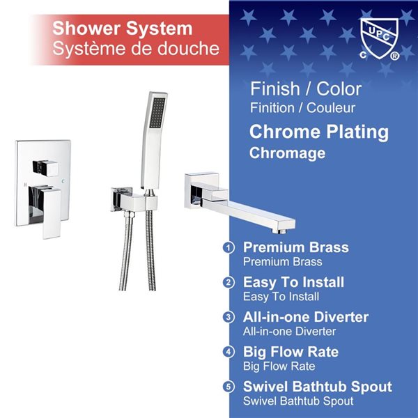 Rainlex Single-Handle Wall Mount Chrome Roman Tub Faucet with Swivel Tub Spout and Rough-in Valve