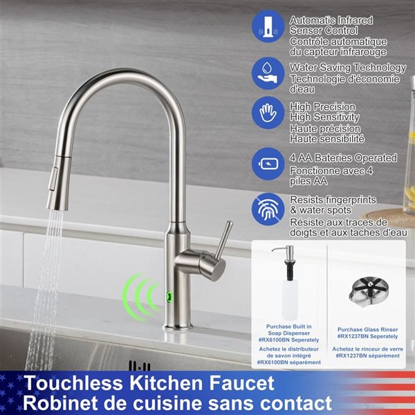 Rainlex Brushed Nickel Touchless Sensor Commercial Pull-Down Single Handle Kitchen Faucet