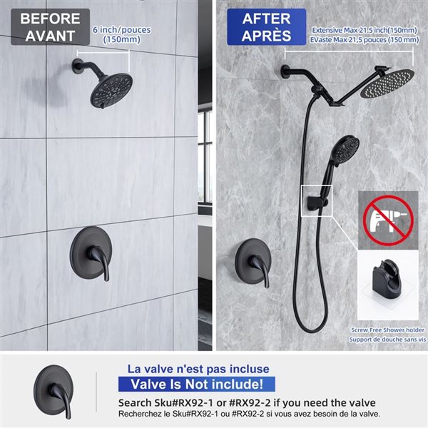 Rainlex Matte Black Single Handle 5.5-in Shower System with Rain Shower Head and Handheld Shower